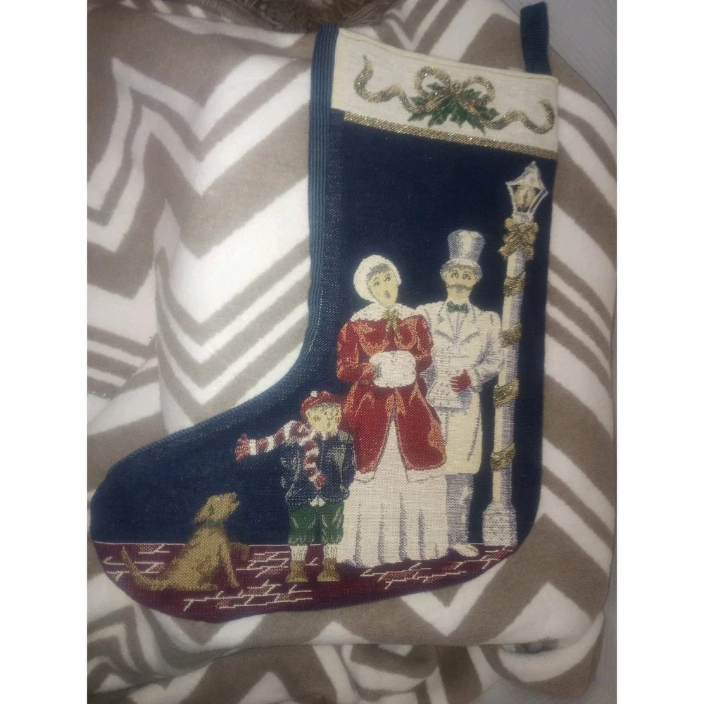 Vtg Handmade Family Under Street‎ Light Tapestry Stocking 14.5L Navy